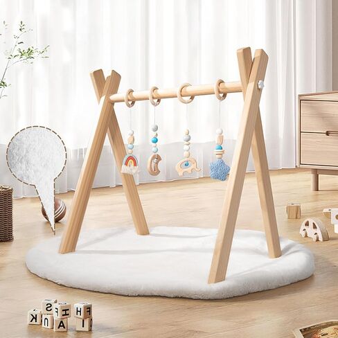 Wooden Baby Play Gym with Activity Mat, Foldable Baby Gym Frame with Hanging Sensory Toys for Newborn, Tummy Time Playground in Kuwait