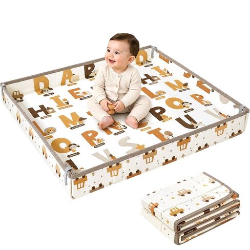 Foldable Baby Play Mat, 65" X 50" Waterproof Double-Sided Cushioned Activity Play Mat, Soft Lightweight Foam Playmat with Fold-Up Sides, Non Slip Crawling & Playing for Infants and Toddler, Alphabet in Kuwait