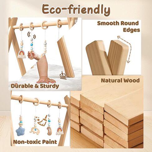 Wooden Baby Play Gym with Activity Mat, Foldable Baby Gym Frame with Hanging Sensory Toys for Newborn, Tummy Time Playground in Kuwait