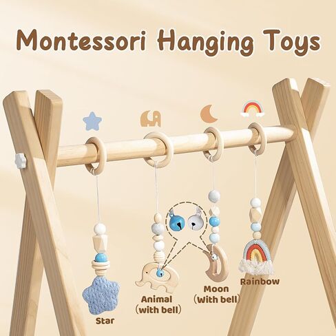 Wooden Baby Play Gym with Activity Mat, Foldable Baby Gym Frame with Hanging Sensory Toys for Newborn, Tummy Time Playground in Kuwait