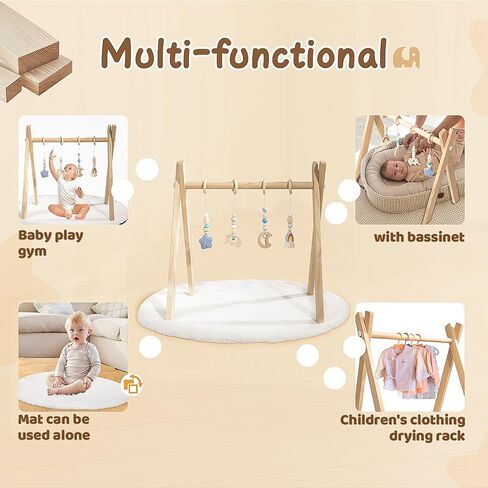 Wooden Baby Play Gym with Activity Mat, Foldable Baby Gym Frame with Hanging Sensory Toys for Newborn, Tummy Time Playground in Kuwait