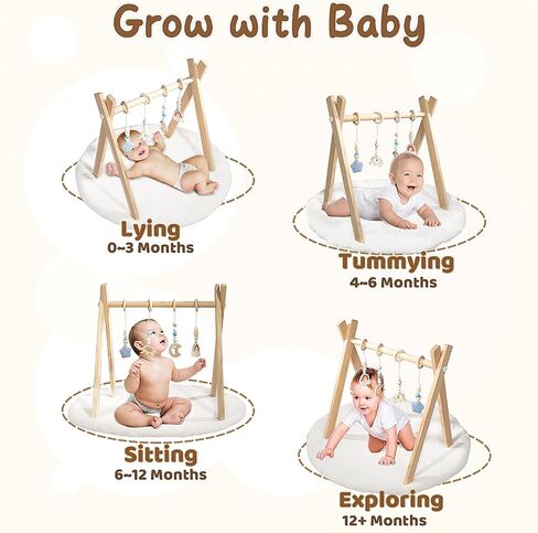 Wooden Baby Play Gym with Activity Mat, Foldable Baby Gym Frame with Hanging Sensory Toys for Newborn, Tummy Time Playground in Kuwait