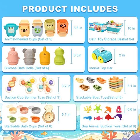 Baby Bath Toys, Pool Toys, Suitable for Children and Toddlers, 6-in-1 Set Including Floating Boat, Bath Spoon and Spinner Cup, Pool and Water Table Toys, Water Toys, Baby Gift. in Kuwait