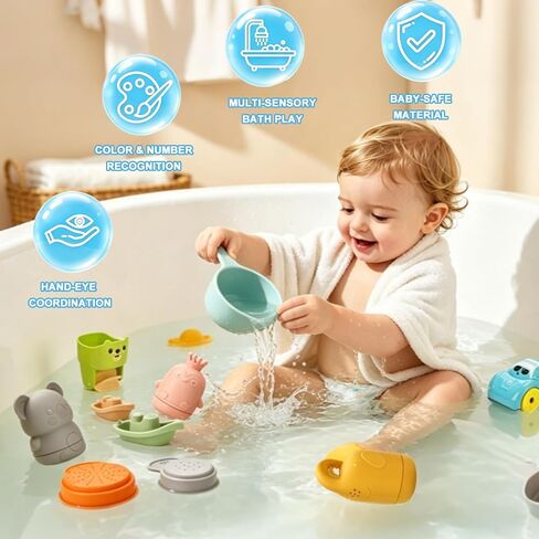 Baby Bath Toys, Pool Toys, Suitable for Children and Toddlers, 6-in-1 Set Including Floating Boat, Bath Spoon and Spinner Cup, Pool and Water Table Toys, Water Toys, Baby Gift. in Kuwait