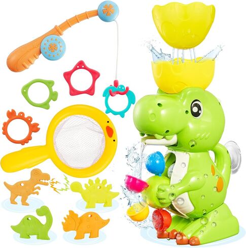 EKU Dinosaur Bath Toys for Kids Toddlers Age 18months+ Interactive Floating Sea Animal Dice Mold Free Fishing Game Water Play Bath Time Bathtub Storage Bag Girl Boy Baby Infant in Kuwait