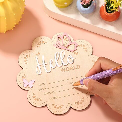 NQEUEPN Newborn Announcement Sign, 15.5cm/6.1in Wooden Hello World Sign Baby Welcome Plaques Birth Baby Name Plaques for Newborn Photo Props Hospital Nursery Decorations (White Rose Gold) in Kuwait