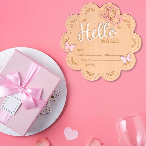 NQEUEPN Newborn Announcement Sign, 15.5cm/6.1in Wooden Hello World Sign Baby Welcome Plaques Birth Baby Name Plaques for Newborn Photo Props Hospital Nursery Decorations (White Rose Gold) in Kuwait