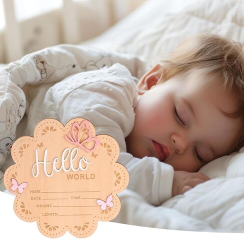 NQEUEPN Newborn Announcement Sign, 15.5cm/6.1in Wooden Hello World Sign Baby Welcome Plaques Birth Baby Name Plaques for Newborn Photo Props Hospital Nursery Decorations (White Rose Gold) in Kuwait