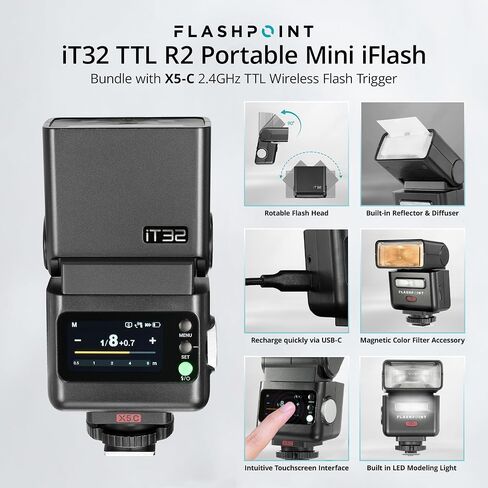 Flashpoint iT32 Compact R2 TTL Mini Camera Flash with Detachable Magnetic X5-C Interchangeable Hot Shoe Module and Wireless Trigger, Compatible Fits for Canon Cameras in Kuwait