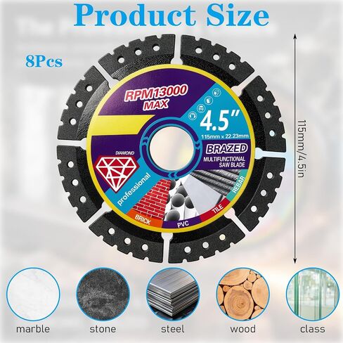 8 Pcs Diamond Multi-Purpose Saw Blades 4.5 Inch | Cutting Disc for Angle Grinder Ideal for Tile Marble Quartz Stone Metal & Plastic Wet or Dry Use in Kuwait