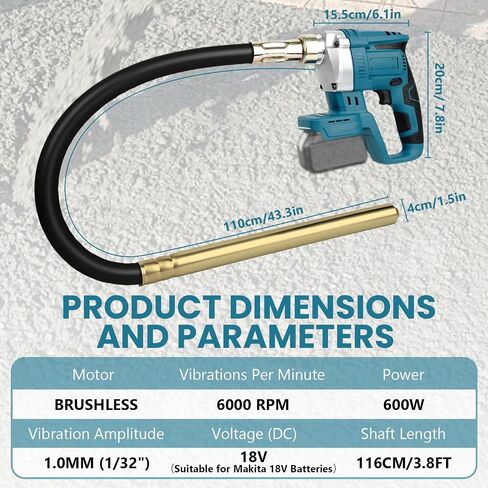 Cordless Handheld Concrete Vibrator, Compatible with Makita 18V Battery, 600W | 6000 RPM Portable Tool with 3.8 Ft Shaft Rod for Removing Air Bubbles from Fresh Concrete, Battery Not Included in Kuwait