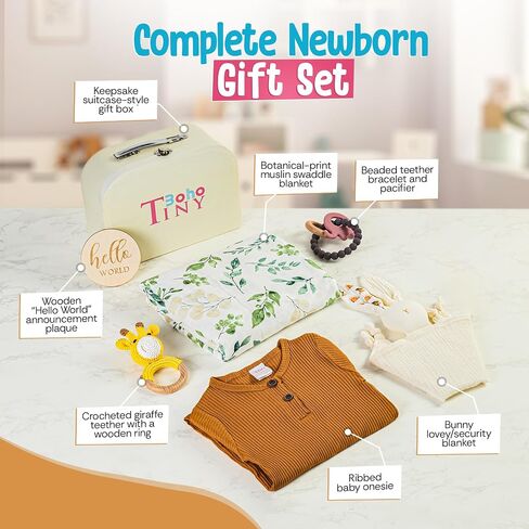 6 Piece Baby Gift Basket, Baby Shower Gifts Piece, Baby Gift Set, 0-12 Months, New Baby Girl/Boy Gift, Newborn Gift Set With Soft Muslin blanket, Soft Bunny, Teether, Giraffe Baby Rattle, Onesie in Kuwait