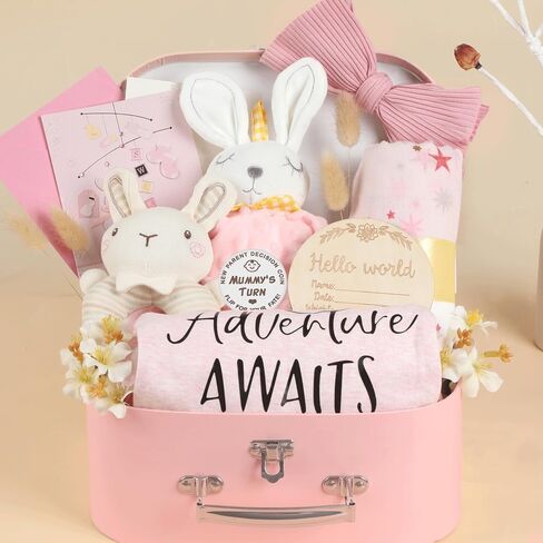 Shower Gifts Basket Gift Set for Newborns New Born Gift Set Pink Gift Basket with Rattle Swaddle Blanket Decision Coin Security Blanket Gender Reveal Gifts in Kuwait