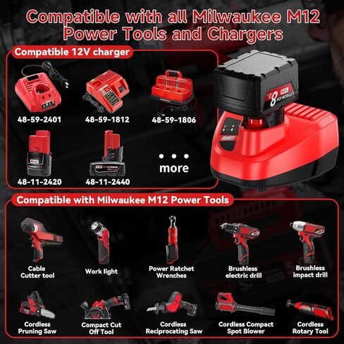 Bonacell LCD 2-Pack 8.0Ah Replacement for Milwaukee M12 Battery, 12V Lithium LCD Battery Compatible with Milwaukee 48-11-2411 2402 2440 48-11-2401 48-11-2412 48-11-2402 and More 12 Volt Power Tools in Kuwait