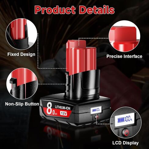 Bonacell LCD 2-Pack 8.0Ah Replacement for Milwaukee M12 Battery, 12V Lithium LCD Battery Compatible with Milwaukee 48-11-2411 2402 2440 48-11-2401 48-11-2412 48-11-2402 and More 12 Volt Power Tools in Kuwait