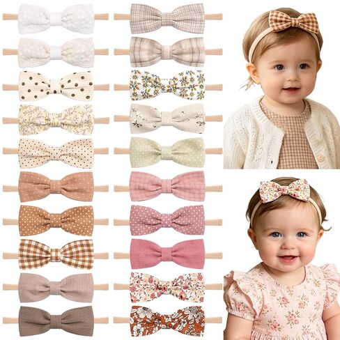 20PCS Baby Girl Headbands Pink Printed Bows Headbands Nylon Linen Hairbands | Foral dot checkered printed fall winter tone baby headbands bulk hairbands for toddlers white beige orange brown pink series in Kuwait