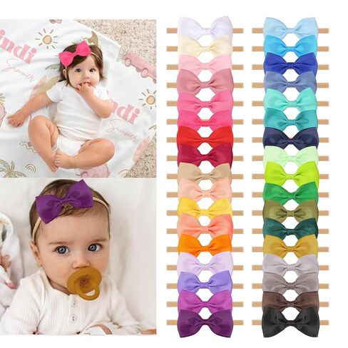 XIMA 34pcs Baby Girls Headbands with Hair Bows,Solid Ribbon Bowsfor Infants | Elastic Nylon Thin Head Bands Hair Accessories for 0-3yars Baby Girls, Shower Gift in Saudi Arabia