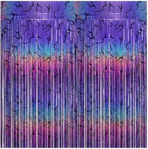2-Pack Purple K-Style Demon Energy Pattern Backdrop, Music Party Favors, Shimmery Laser Foil Curtains, 6.6FT Holographic Lightning Tinsel, Party Decorations for Fans, Girls Birthday Party Decor in Kuwait