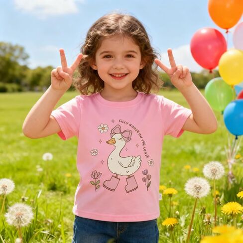 Toddler Shirts Girls Cotton Tops Pink Round Neck Short Sleeve Bowknot Flower Rainboots Silly Goose on the Loose Kids T-Shirts 6T in Kuwait