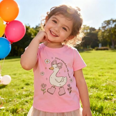Toddler Shirts Girls Cotton Tops Pink Round Neck Short Sleeve Bowknot Flower Rainboots Silly Goose on the Loose Kids T-Shirts 6T in Kuwait