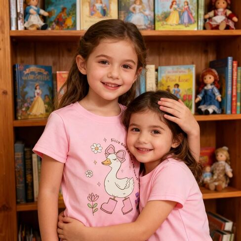 Toddler Shirts Girls Cotton Tops Pink Round Neck Short Sleeve Bowknot Flower Rainboots Silly Goose on the Loose Kids T-Shirts 6T in Kuwait