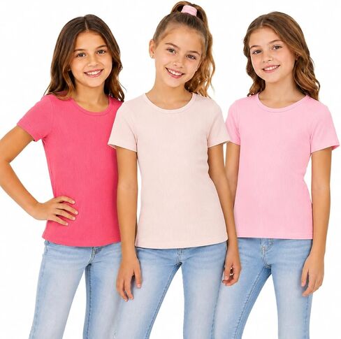 BTween Active Girls T-Shirts 3 Pack – Short Sleeve Ribbed Crewneck Tees, Soft Stretch Casual Everyday Tops for Girls in Saudi Arabia