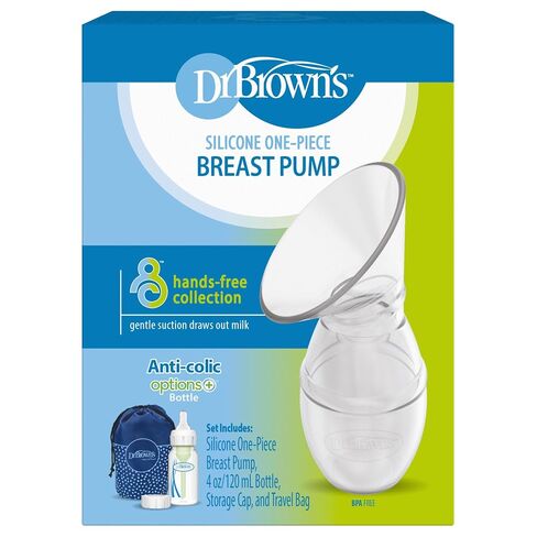 Dr. Brown's 100% Silicone One-Piece Breast Pump, Hands-Free Breast Milk Collector with Anti-Colic Options+ Baby Bottle, 4 oz with Slow Flow Nipple, Travel Lid and Travel Bag in Kuwait