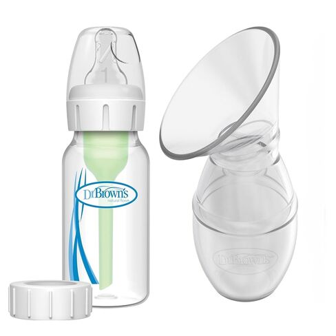 Dr. Brown's 100% Silicone One-Piece Breast Pump, Hands-Free Breast Milk Collector with Anti-Colic Options+ Baby Bottle, 4 oz with Slow Flow Nipple, Travel Lid and Travel Bag in Kuwait