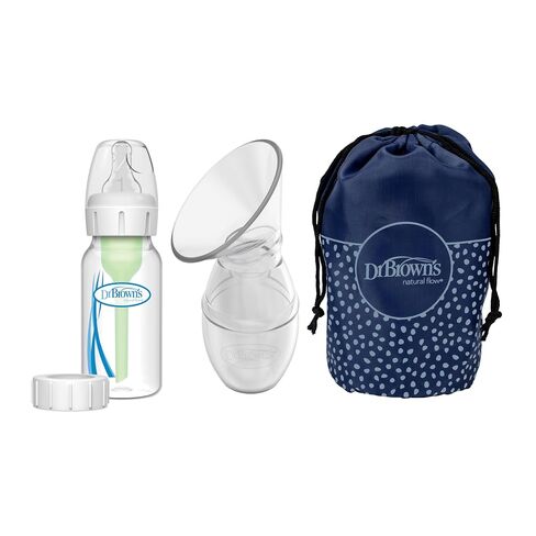 Dr. Brown's 100% Silicone One-Piece Breast Pump, Hands-Free Breast Milk Collector with Anti-Colic Options+ Baby Bottle, 4 oz with Slow Flow Nipple, Travel Lid and Travel Bag in Kuwait