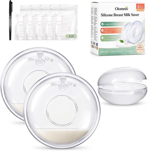 Oiomniv Breast Milk Collector, Milk Collectors for Breastfeeding Silicone | Milk Catcher Breastmilk Collection Nursing Cup BPA Free 60ML Milk Saver with 20 Breastmilk Storage Bags Storage Box, 2PCS in Kuwait