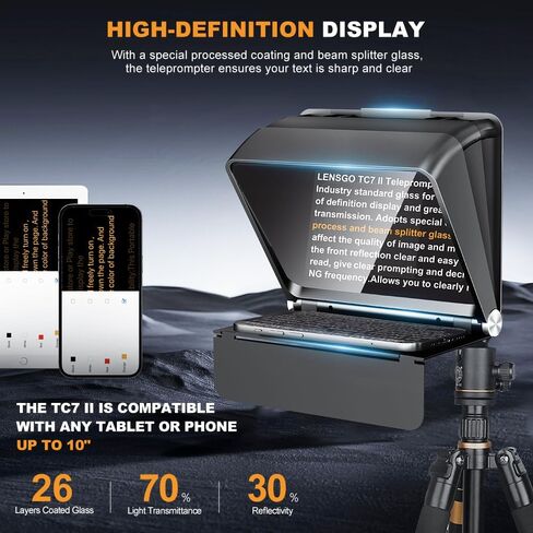 Foldable Teleprompter for Smartphone,LENSGO 10'' Portable Prompter with Remote Control,APP Compatible with iOS/Android for YouTube, Tiktok,Zoom, Twitch, Online Teaching,Vlogger,Live Streaming（TC7II ） in Kuwait