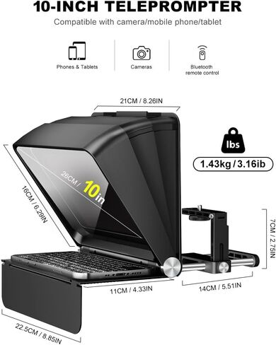 LENSGO Teleprompter for Camera DSLR/SLR,10’’Mini Prompter APP Compatible with iOS/Android for YouTube/Online Teaching/Interview/Live Streaming,Support 24-35MM Wide-Angle Lens Shooting in Kuwait