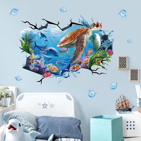 wondever Large Sea Turtle Under The Sea Wall Stickers 3D Underwater Dolphin Tropical Fish Ocean Wall Art Decals for Baby Nursery Kids Bedroom Bathroom in Kuwait