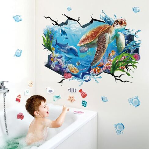 wondever Large Sea Turtle Under The Sea Wall Stickers 3D Underwater Dolphin Tropical Fish Ocean Wall Art Decals for Baby Nursery Kids Bedroom Bathroom in Kuwait
