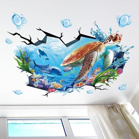wondever Large Sea Turtle Under The Sea Wall Stickers 3D Underwater Dolphin Tropical Fish Ocean Wall Art Decals for Baby Nursery Kids Bedroom Bathroom in Kuwait