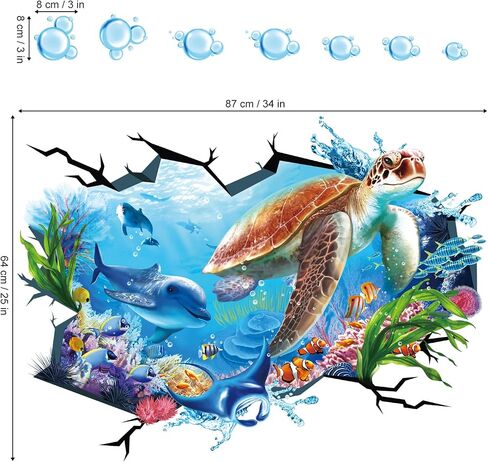 wondever Large Sea Turtle Under The Sea Wall Stickers 3D Underwater Dolphin Tropical Fish Ocean Wall Art Decals for Baby Nursery Kids Bedroom Bathroom in Kuwait