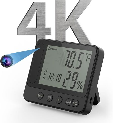 4K HD Hidden Security WiFi Camera Thermometer Hygrometer, Support 2.4G/5G | Wireless Cam with Phone App Remote Control, Night Vision and Motion Detection, Temperature & Humidity Alert and Alarm Clock in Kuwait