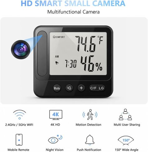 4K HD Hidden Security WiFi Camera Thermometer Hygrometer, Support 2.4G/5G | Wireless Cam with Phone App Remote Control, Night Vision and Motion Detection, Temperature & Humidity Alert and Alarm Clock in Kuwait