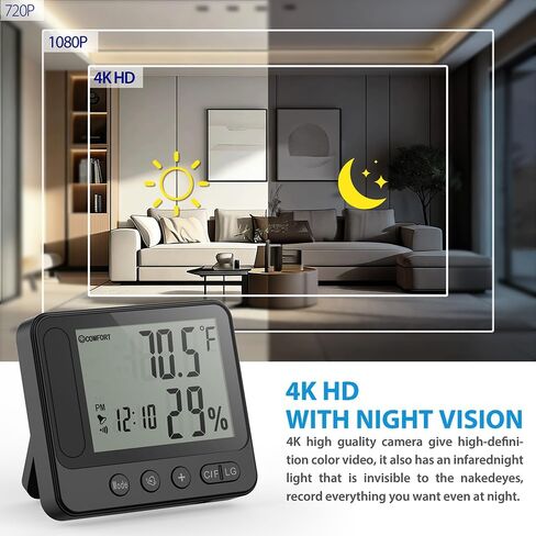 4K HD Hidden Security WiFi Camera Thermometer Hygrometer, Support 2.4G/5G | Wireless Cam with Phone App Remote Control, Night Vision and Motion Detection, Temperature & Humidity Alert and Alarm Clock in Kuwait