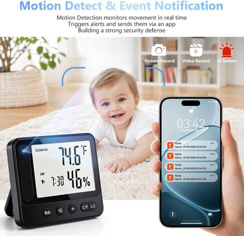 4K HD Hidden Security WiFi Camera Thermometer Hygrometer, Support 2.4G/5G | Wireless Cam with Phone App Remote Control, Night Vision and Motion Detection, Temperature & Humidity Alert and Alarm Clock in Kuwait