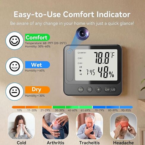 4K HD Hidden Security WiFi Camera Thermometer Hygrometer, Support 2.4G/5G | Wireless Cam with Phone App Remote Control, Night Vision and Motion Detection, Temperature & Humidity Alert and Alarm Clock in Kuwait