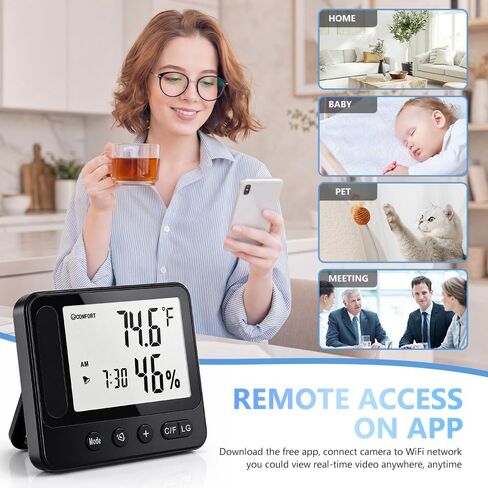 4K HD Hidden Security WiFi Camera Thermometer Hygrometer, Support 2.4G/5G | Wireless Cam with Phone App Remote Control, Night Vision and Motion Detection, Temperature & Humidity Alert and Alarm Clock in Kuwait