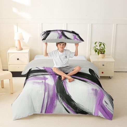jejeloiu Purple and Black Striped Duvet Cover Toddler Size Abstract Gromment Stripes Comforter Cover for Boys Girls Modern Geometric Bedding Set 2Pcs Room Decor No Comforter in Kuwait