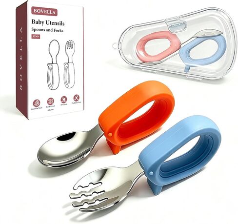 Toddler Utensils, Stainless Steel Baby Forks and Spoons Set with Silicone Handle, Kids Silverware with Portable Storage Case, Baby Feeding Essentials, Dishwasher Safe (Green+Pink) in Saudi Arabia