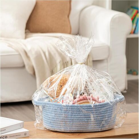 Cute Woven Storage Basket with Handle, Baskets for Gifts Empty, Gift Baskets for Birthday Shower Raffle Burr Fundraiser, Decorative Organizer Box for Toy Pet（Blue） in Kuwait