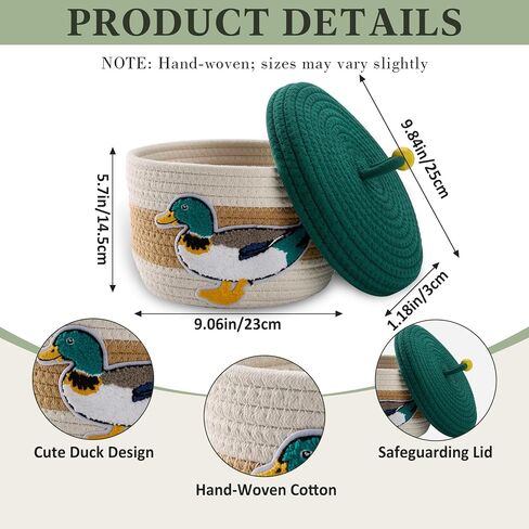 Mallard Duck Woven Basket with Lid - Handcrafted Cotton Mallard Duck Decor Basket for Nursery Decor, Hunting Baby Stuff & Home Organization Storage Bins for Bedroom Bathroom Room Desktop Accessories in Kuwait