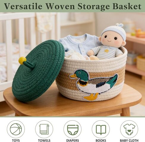 Mallard Duck Woven Basket with Lid - Handcrafted Cotton Mallard Duck Decor Basket for Nursery Decor, Hunting Baby Stuff & Home Organization Storage Bins for Bedroom Bathroom Room Desktop Accessories in Kuwait