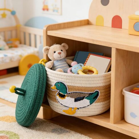 Mallard Duck Woven Basket with Lid - Handcrafted Cotton Mallard Duck Decor Basket for Nursery Decor, Hunting Baby Stuff & Home Organization Storage Bins for Bedroom Bathroom Room Desktop Accessories in Kuwait