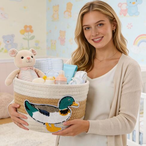Mallard Duck Woven Basket with Lid - Handcrafted Cotton Mallard Duck Decor Basket for Nursery Decor, Hunting Baby Stuff & Home Organization Storage Bins for Bedroom Bathroom Room Desktop Accessories in Kuwait
