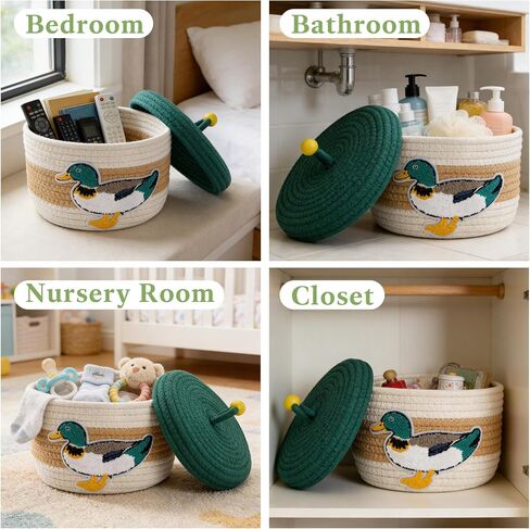 Mallard Duck Woven Basket with Lid - Handcrafted Cotton Mallard Duck Decor Basket for Nursery Decor, Hunting Baby Stuff & Home Organization Storage Bins for Bedroom Bathroom Room Desktop Accessories in Kuwait
